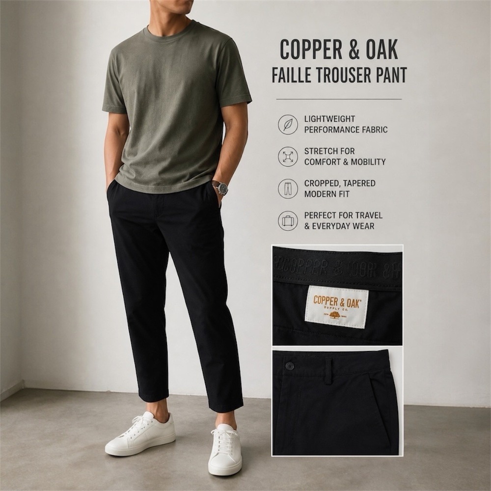 Copper & Oak Faille Trouser Pant Black Stretch 36x30 Travel Casual